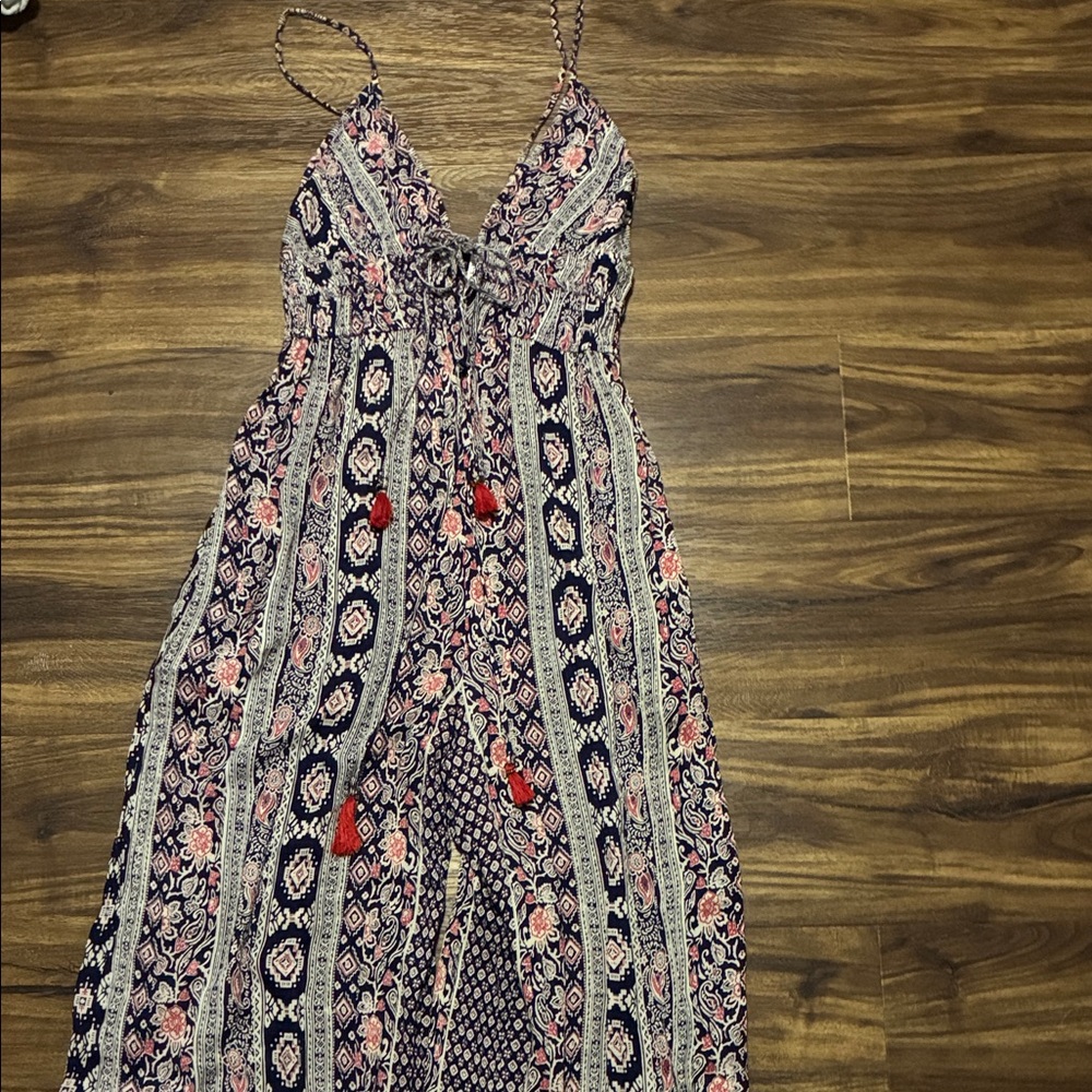 Angie Navy and Pink Printed Spaghetti-Strap Jumpsuit